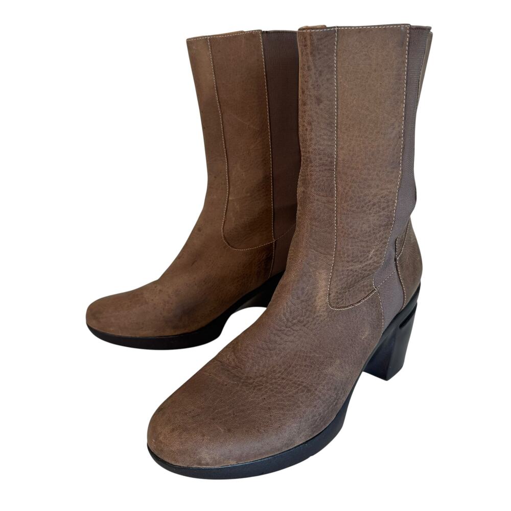 Cole Haan Nike Air Leather Mid Calf Boots Brown Block Heel Pull On Size 10.5